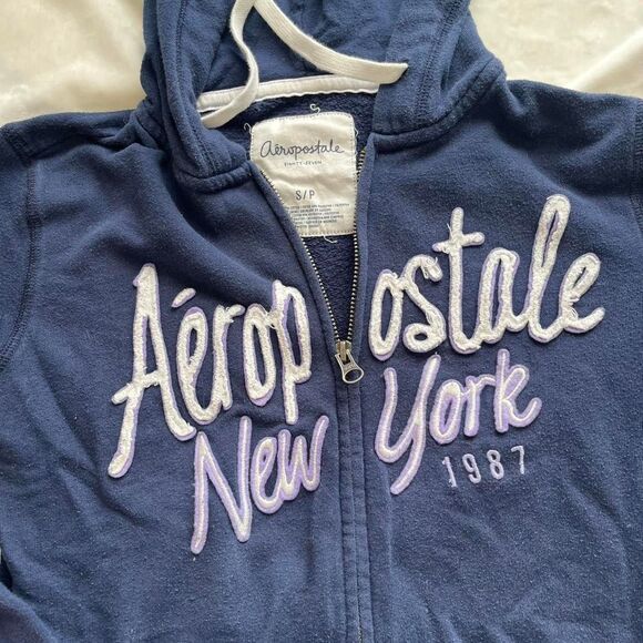 Vintage Y2K skater preppy Aeropostale navy blue zip up hoodie logo size small - Picture 2 of 7